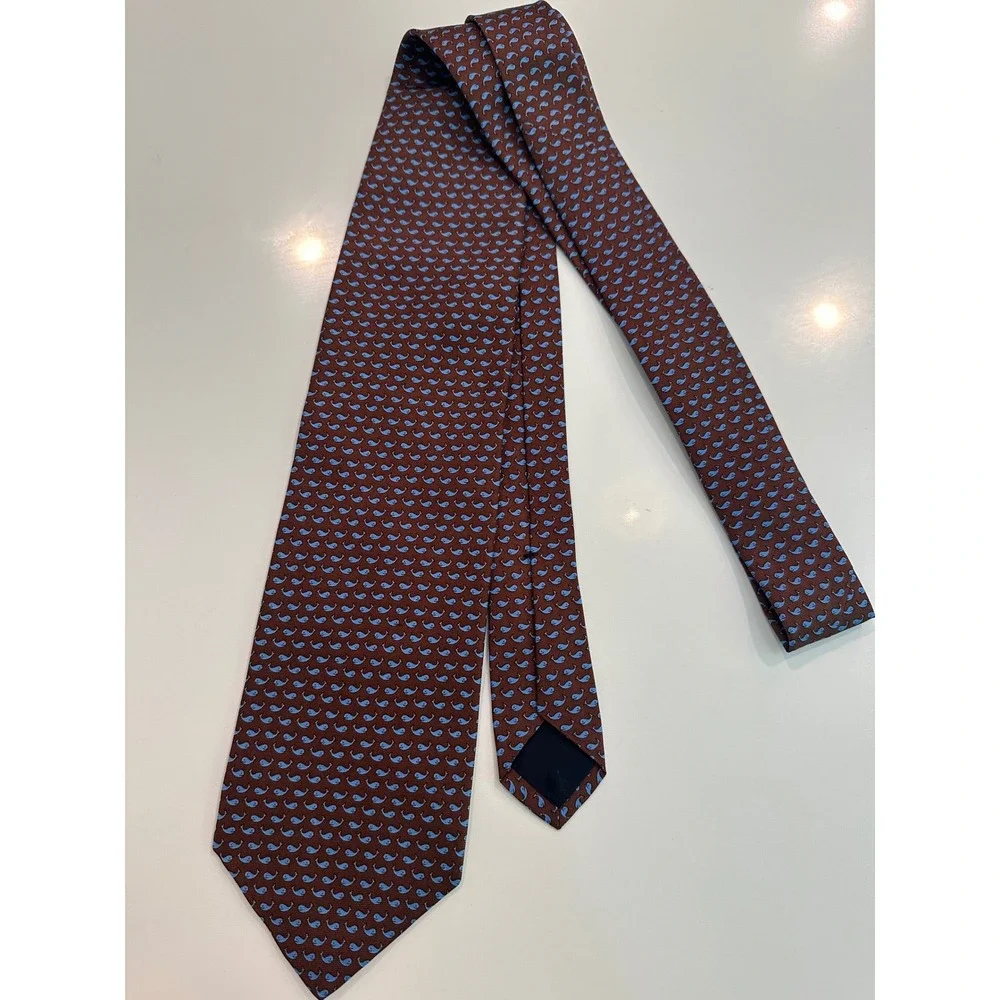 Brooks Brothers 346 Mens Silk Tie Brown Blue Whale Nautical Animal Print Necktie
